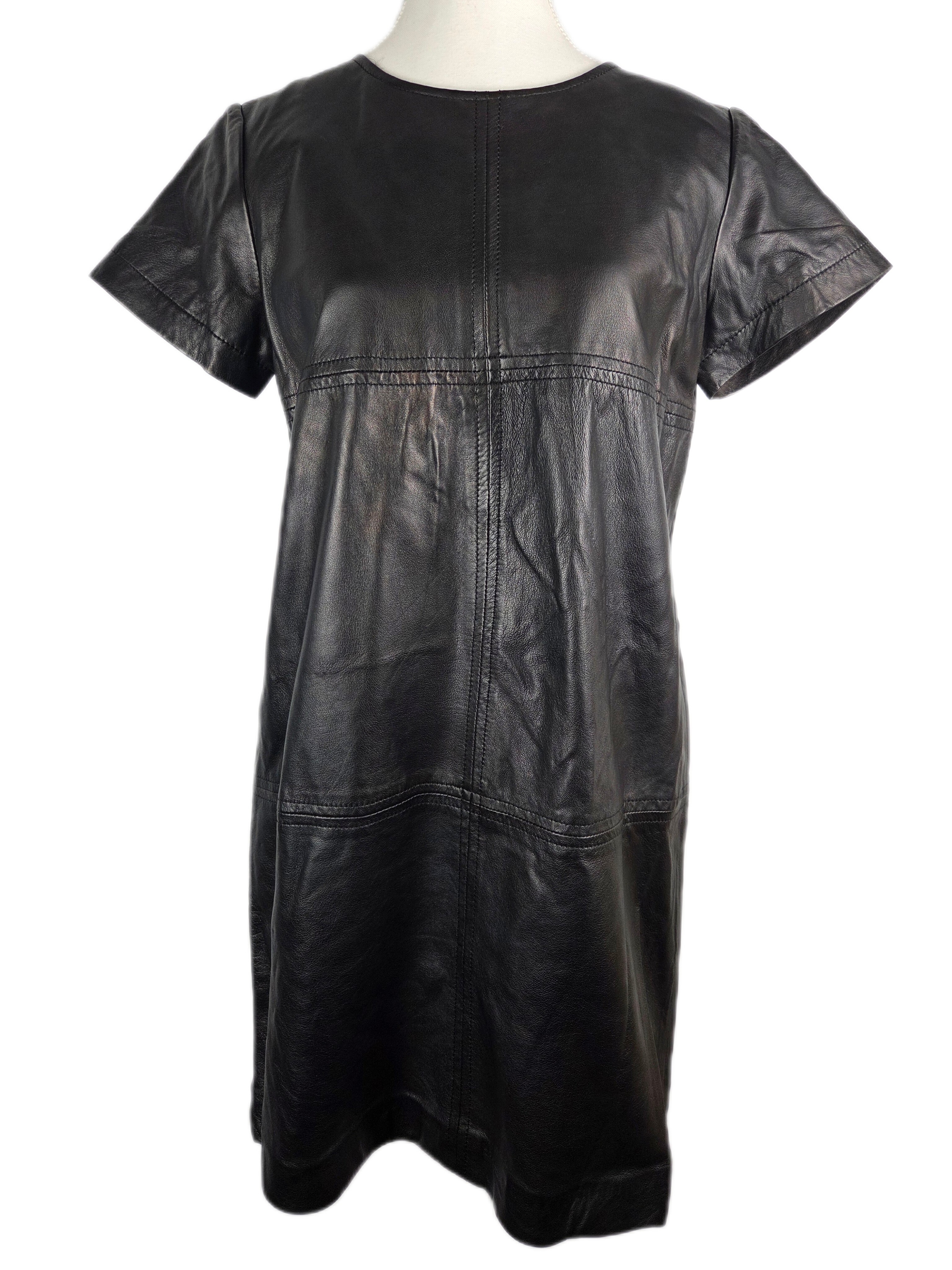 Zara Minimalist 100% Leather Short Sleeve Sheath Dress Black